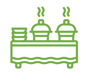 Dessins verts : buffet, deux plats fumants sous cloche, pile de bols à gauche, style industriel.