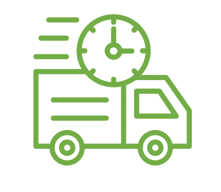 Icône verte : camion de livraison, horloge, symbolise transport réfrigéré efficace par RIGATHERM.