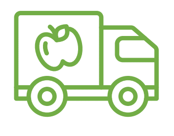 Dessin vert d'un camion isotherme transportant des fruits frais, symbole de la chaîne du froid.