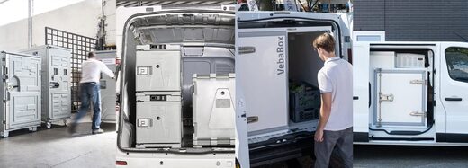 Un homme manipule des conteneurs isothermes dans une camionnette de livraison réfrigérée.