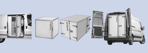 Photos : fourgon blanc et box isothermes VebaBox à l’intérieur et à l’extérieur.