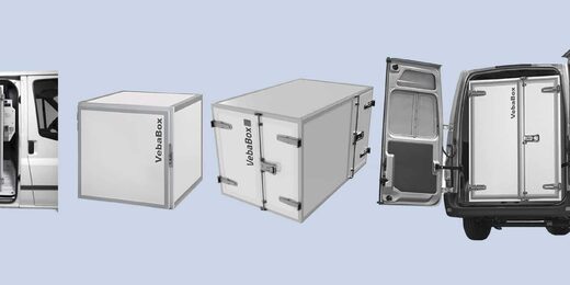 Photos : fourgon blanc et box isothermes VebaBox à l’intérieur et à l’extérieur.